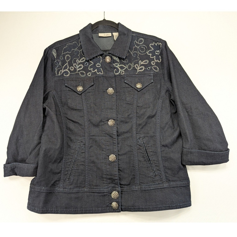 Chicos Platinum Indigo Blue‎ Embroidered Floral Denim Jacket Size 2 Large Mens